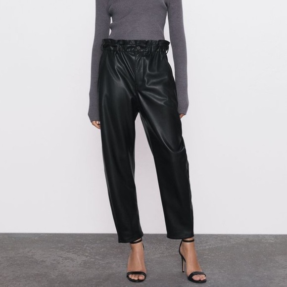 Zara Women's Black Faux Leather Baggy High-Waisted Paperbag Trouser Pants Size 2 - Picture 16 of 16